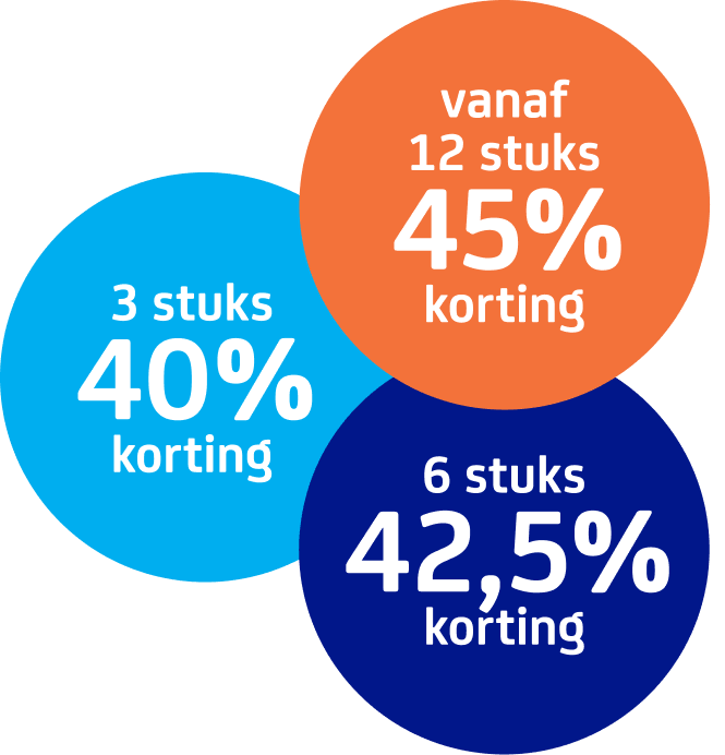 Volumevoordeel: 3 stuks 40% korting, vanaf 12 stuks 45% korting, 6 stuks 42,5% korting
